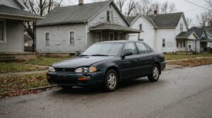 Toyota sedan with front-end collision damage parked on residential street