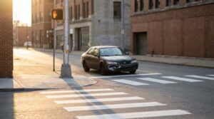 sedan with front-end collision damage stopped at urban crosswalk intersection