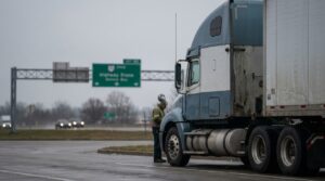 truck driver inspecting semi-truck cab on highway near Ohio road sign