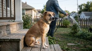 collared dog sitting on wooden porch steps while person waters backyard garden