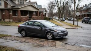damaged Honda sedan with crushed front quarter panel stopped at residential intersection