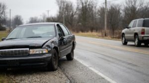 damaged sedan with crumpled front panel pulled over on rural road after collision