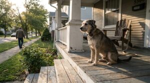 collared dog sitting on weathered wooden porch watching pedestrian walk along residential sidewalk