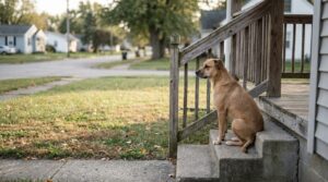 dog sitting on concrete porch steps outside residential home facing street