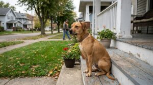 dog wearing collar sitting on front porch steps watching pedestrian on sidewalk