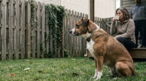 collared dog sitting on lawn near woman drinking from mug on porch steps