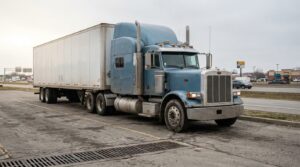 large semi-truck with box trailer parked near commercial roadway intersection