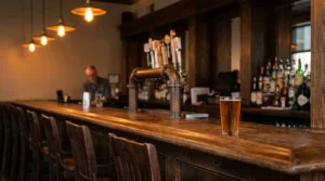 pint glass of beer on wooden bar counter with draft taps and bartender