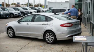 Ford Fusion sedan with visible rear dent parked at car dealership lot