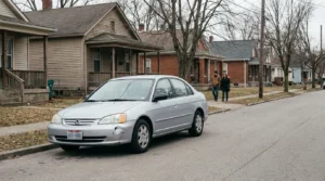 Honda Civic sedan with front bumper damage parked on residential street near pedestrians