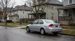 sedan with visible rear dent parked on wet residential street near pedestrian