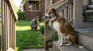 dog wearing collar sitting on porch steps while person tends yard