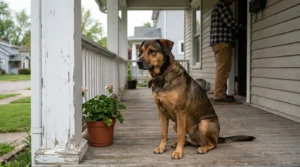 large dog wearing collar sitting on residential front porch near potted plant