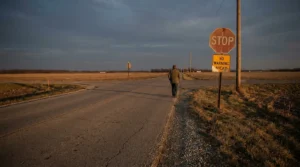 pedestrian walking along rural road past stop sign and no warning ahead sign