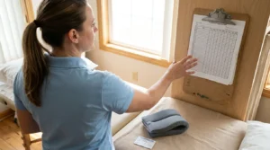 healthcare worker reviewing Treatment Progress Chart on clipboard in medical room