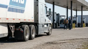 semi-truck with branded trailer parked at commercial truck stop fuel station