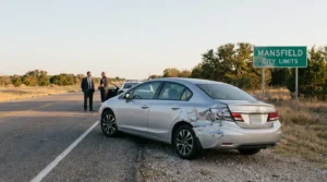 damaged Honda sedan on roadside near Mansfield City Limits sign with officer present