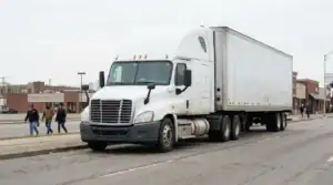 large semi-truck with trailer driving near pedestrians on urban street