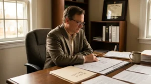 attorney reviewing medical records folder and calendar at office desk