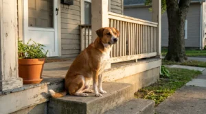 dog sitting on concrete front porch steps outside residential home