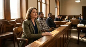 woman in blazer seated in courtroom gallery alongside other attendees during proceeding