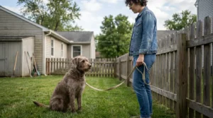person holding leash standing beside leashed dog in residential backyard