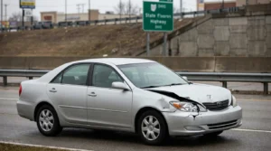 sedan with crumpled front-end damage stopped on Ohio State highway