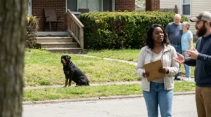 Rottweiler sitting on lawn near woman holding clipboard outside residential home