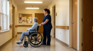 nurse in scrubs pushing elderly patient in wheelchair through nursing home hallway