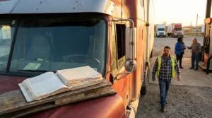 truck driver in safety vest walking past semi-truck with logbook on hood