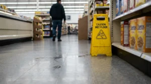 Caution Wet Floor sign beside spill in grocery store aisle with shopper walking nearby