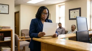 attorney in suit reviewing legal document at desk with State Bar Association certificates on wall