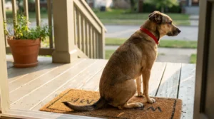 collared dog sitting on residential front porch doormat facing street
