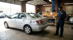 mechanic holding clipboard inspecting sedan with rear collision damage in auto shop