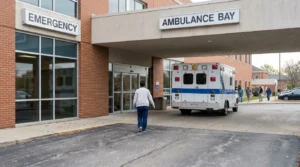 ambulance parked at hospital Emergency and Ambulance Bay entrance with person walking toward doors