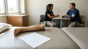 prosthetic leg and Ohio Damages Assessment Form beside amputee consulting professional