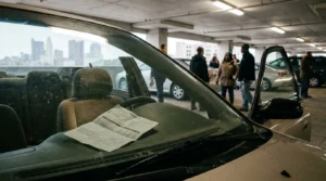 document placed on car dashboard inside busy urban parking garage with people nearby