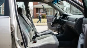 car interior with open door, unlatched seatbelt, steering wheel, and dashboard visible