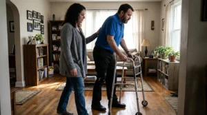 woman assisting injured man using walker and knee brace inside home