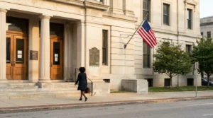 professional woman carrying briefcase walking toward courthouse entrance with American flag