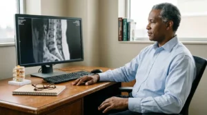 physician reviewing spinal MRI scan on monitor with vertebrae model on desk