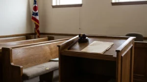 judge's bench with gavel, legal folder, and Ohio state flag in courtroom