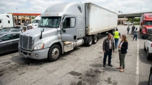 two people standing in truck stop parking lot beside large semi-truck