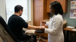 physician in white coat measuring patient's forearm scar with clear ruler in medical office
