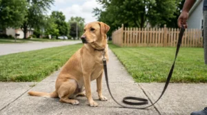 Labrador Retriever on leash sitting on residential sidewalk held by owner