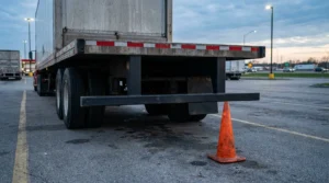 semi-truck trailer rear undercarriage with traffic cone on parking lot pavement