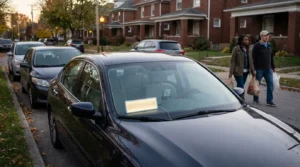 rideshare vehicle with illuminated sign parked on residential street near two pedestrians