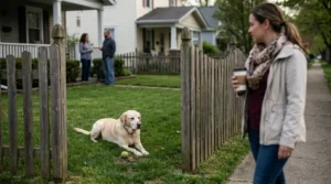 Labrador dog lying in fenced yard near pedestrian walking on sidewalk