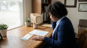 woman reviewing check and official documents at wooden desk with framed certificates